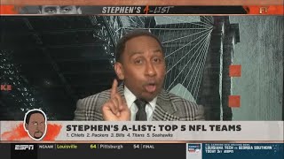 FIRST TAKE | Stephen A. Smith reveals his top 5 NFL teams: 1. Chiefs 2. Packers 3. Bills 4. Titans #NFL