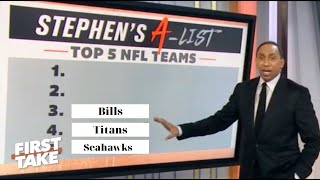 FIRST TAKE | Stephen’s A-List: Top 5 NFL Teams: 1. Chiefs 2. Packers 3. Bills 4. Titans 5. Seahawks #NFL