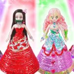 【鬼滅の刃】リカちゃん❤手作りドレスで竈門禰豆子、甘露寺蜜璃、胡蝶しのぶ、栗花落カナヲが変身🌼100円ショップの材料でキラキラ工作DIY🎶